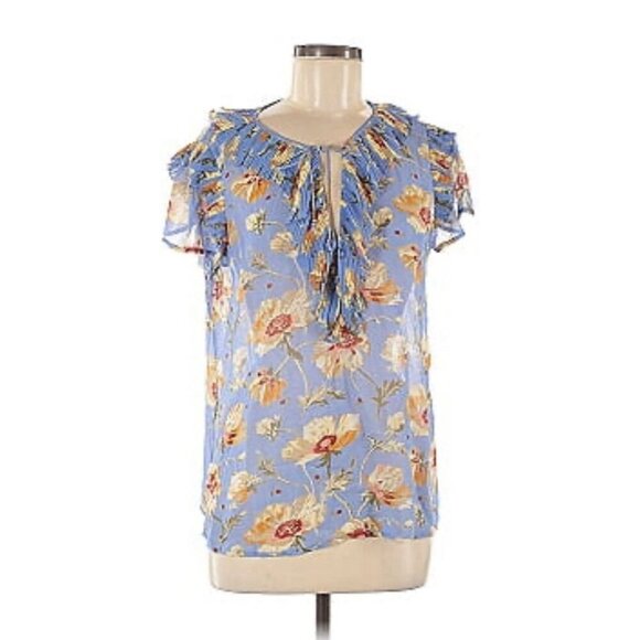 SILK Paige Women's Blue Floral Ruffle Sheer Blouse Top Size Small Flutter Sleeve - Picture 1 of 10